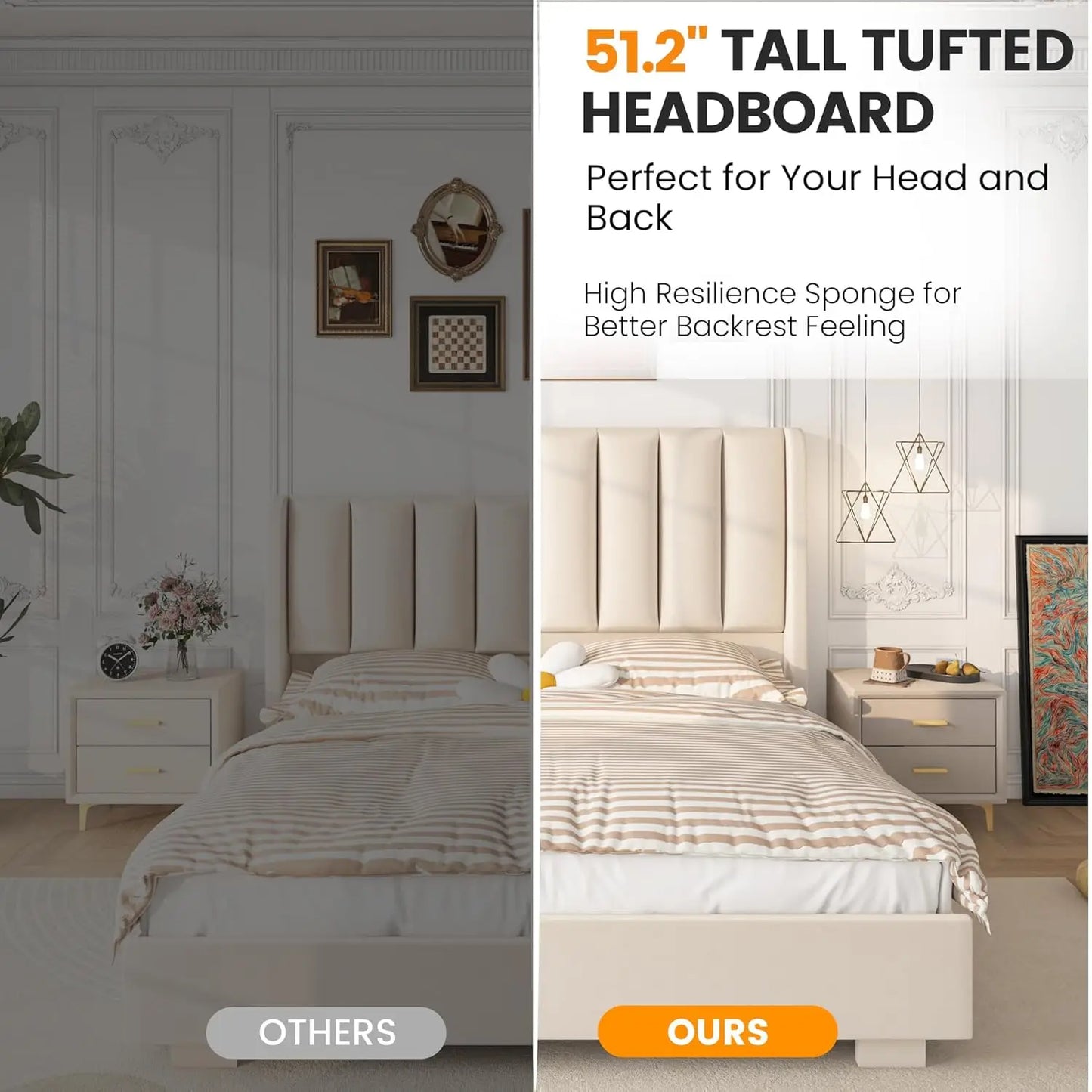 Lift Up Storage Bed Frame with 51" Tall Headboard, Queen Size Bed Frame with Storage Underneath, Velvet Wingback, Customized