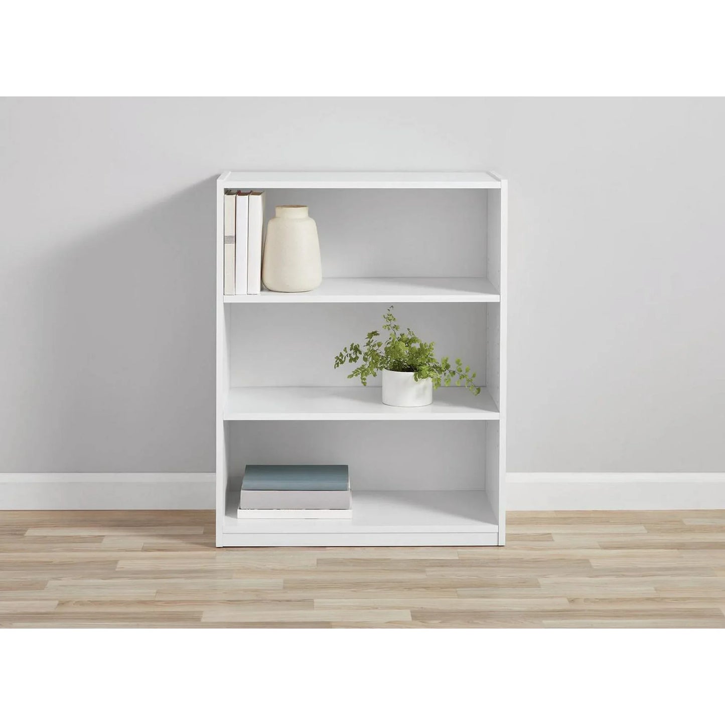 3-Shelf Bookcase with Adjustable Shelves, White, Freestanding Storage Organizer for Books, Office Supplies, Toys, Kitchen, Bathroom, Closet, Durable Wood/Plastic Frame, Easy to Assemble, Space-Saving Multi-Purpose Shelf, Home