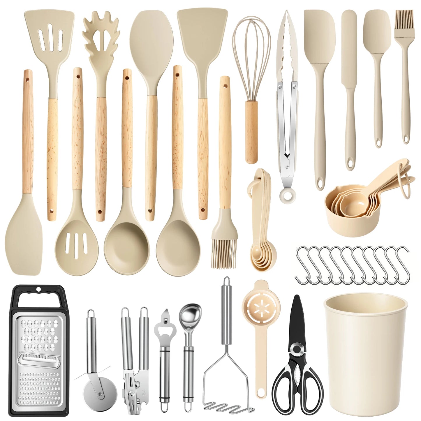 Silicone Wooden Handle 44-Piece Non-Stick  Kitchen Utensil Set Food-Grade Heat-Resistant Cookware Set for Kitchen & Baking