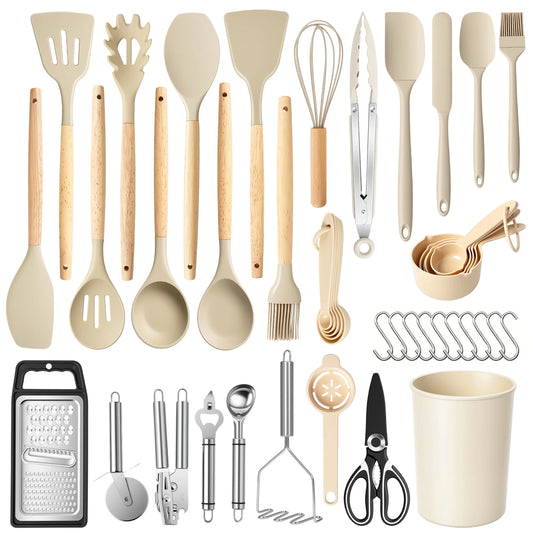 Silicone Wooden Handle 44-Piece Non-Stick  Kitchen Utensil Set Food-Grade Heat-Resistant Cookware Set for Kitchen & Baking