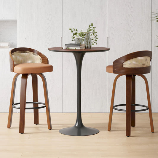 Set of 2 Swivel Bar Stools, Modern Wood Frame with Rattan Back, PU Leather Seat for Kitchen Counter, Bar Table