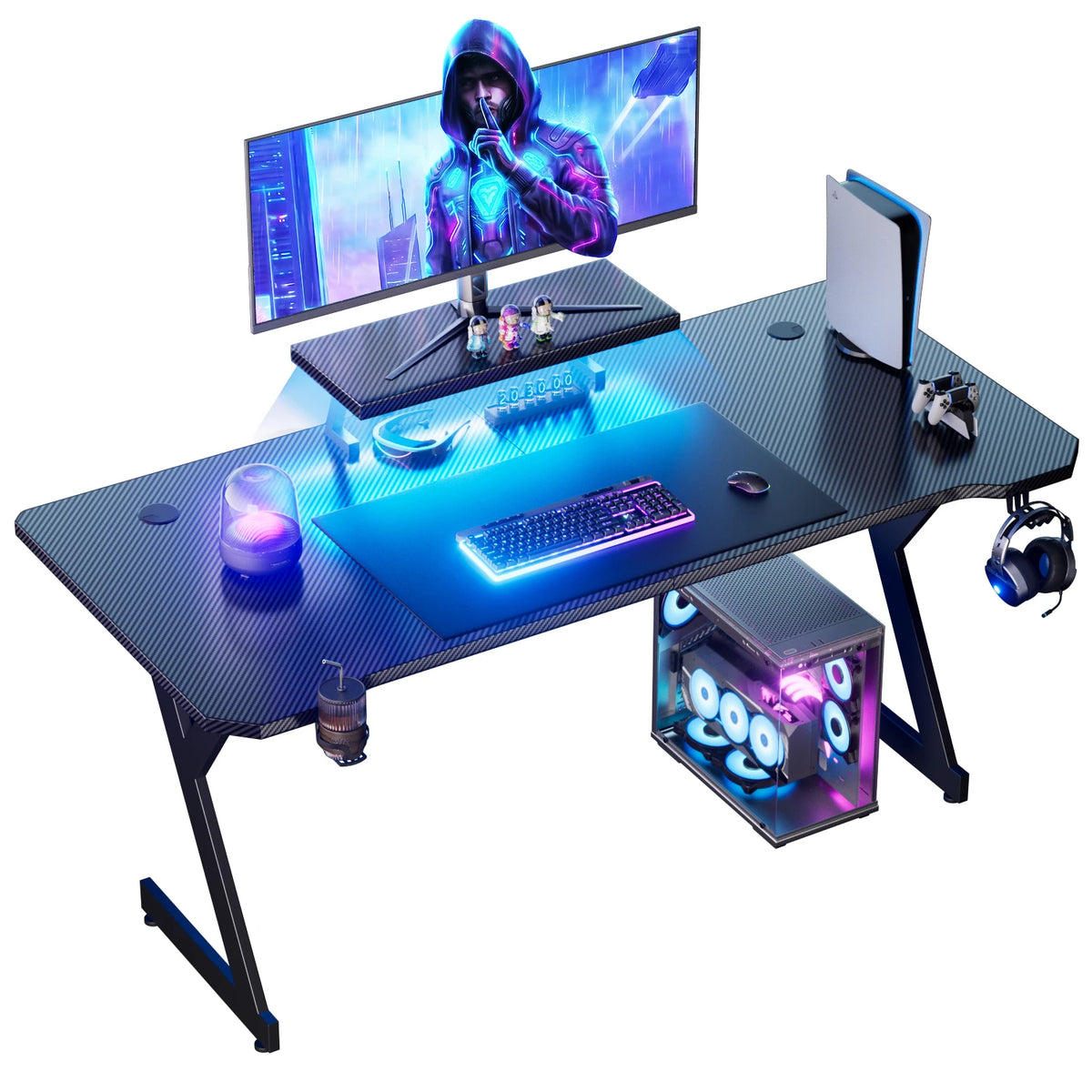 FRODROVIA Ergonomic Gaming Desk with Elevated Monitor Riser Stand & Built-in LED Light Strip, Large Curved Carbon Fiber Surface Computer Desk, Gaming Workstation with Cup Holder & Headphone Hook for Gaming Streaming Home Offi