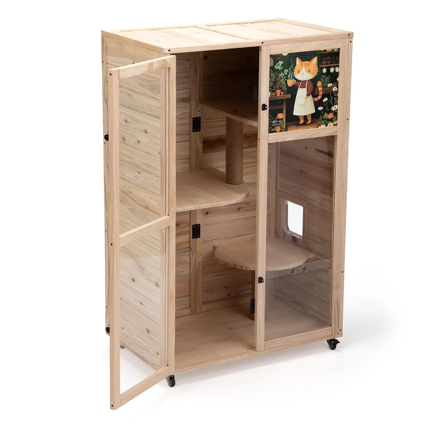 Large Wooden Cat House on Wheels, Indoor Cat Villa with Condo, Multi Platforms, Scratchers, Vent, Litter Box Area,, Custom