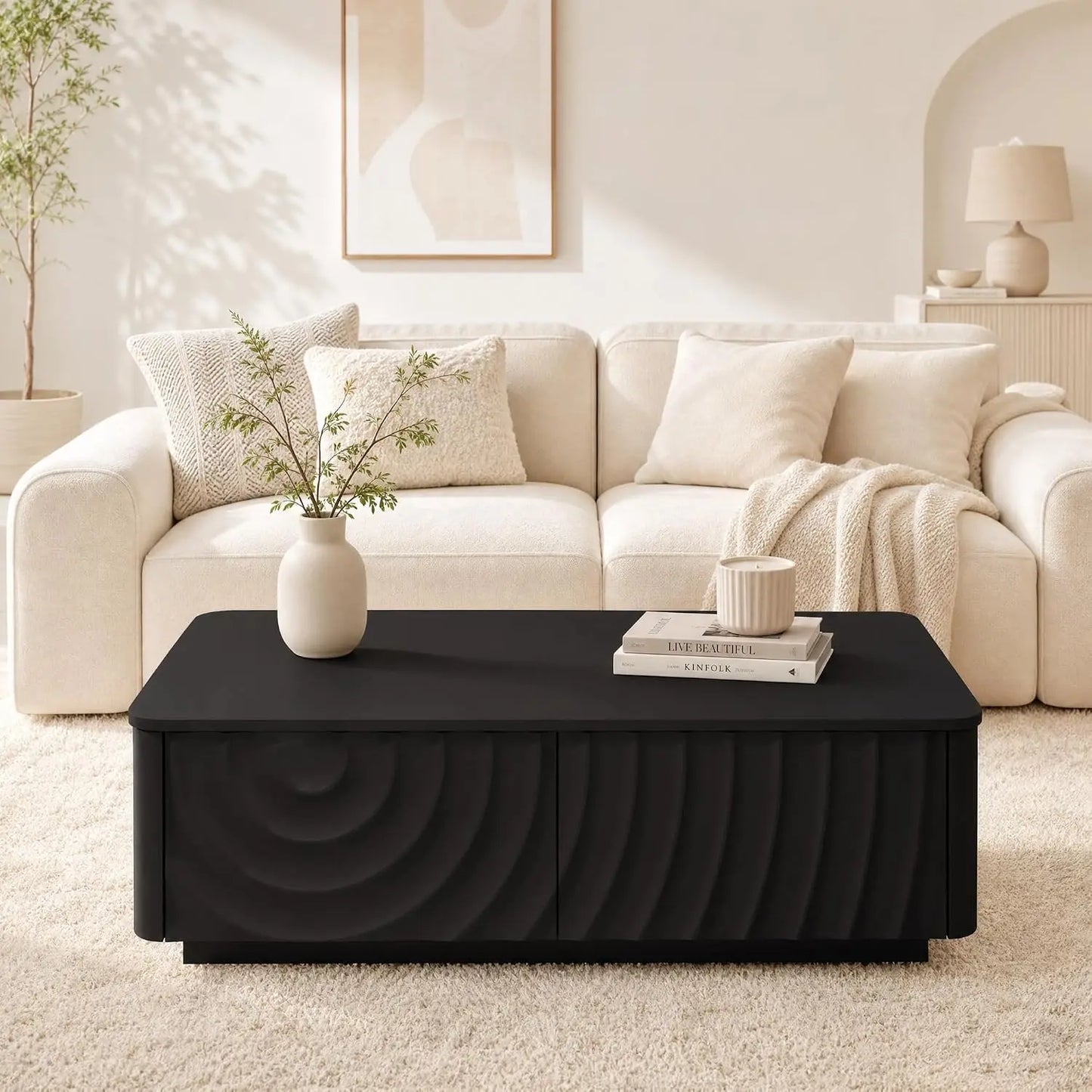 47" Modern Rectangle Coffee Table with 2 Large Drawers & Spiral Water Wave Design for Living Room, Custom