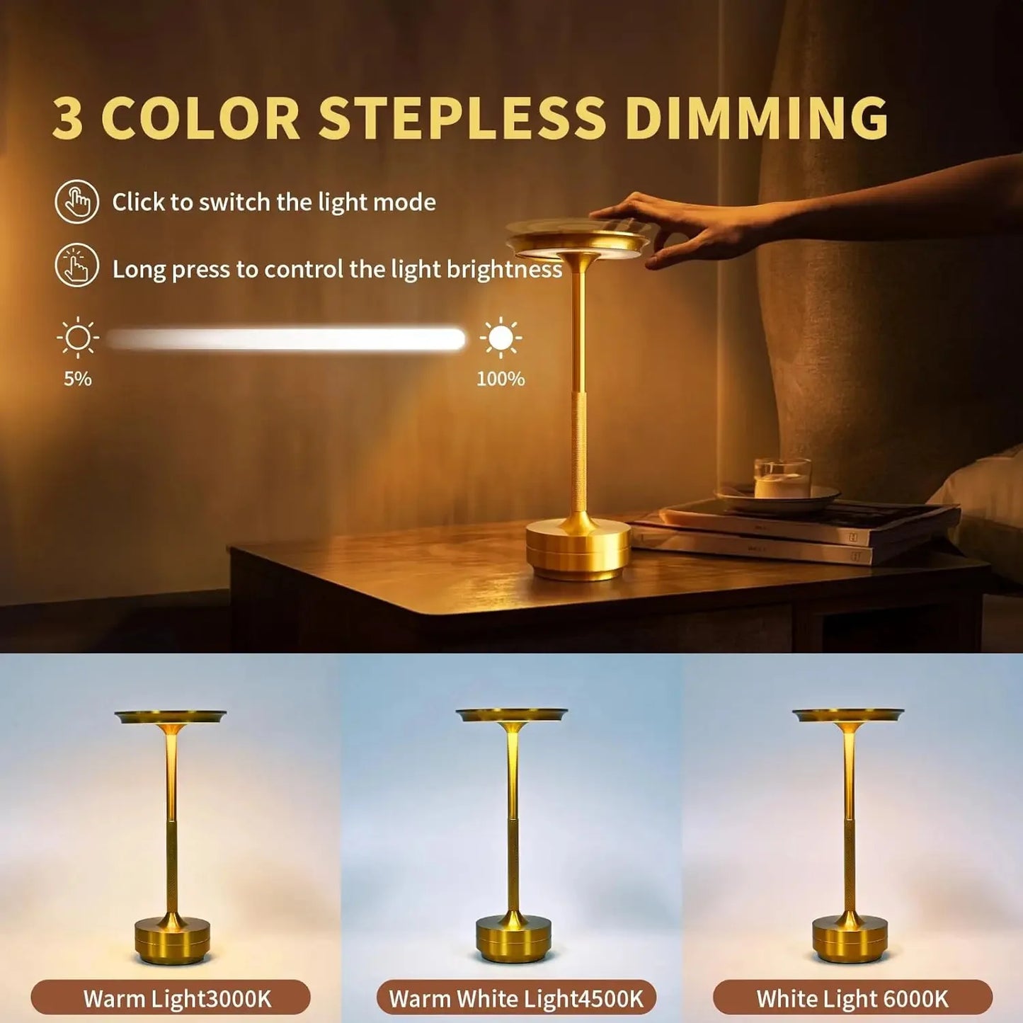 2PCS Rechargeable Wireless Table Lamp for Bedroom Rechargeable Desk Lamp Touch Contrl Camping Candle Creative USB-C Table Lamp