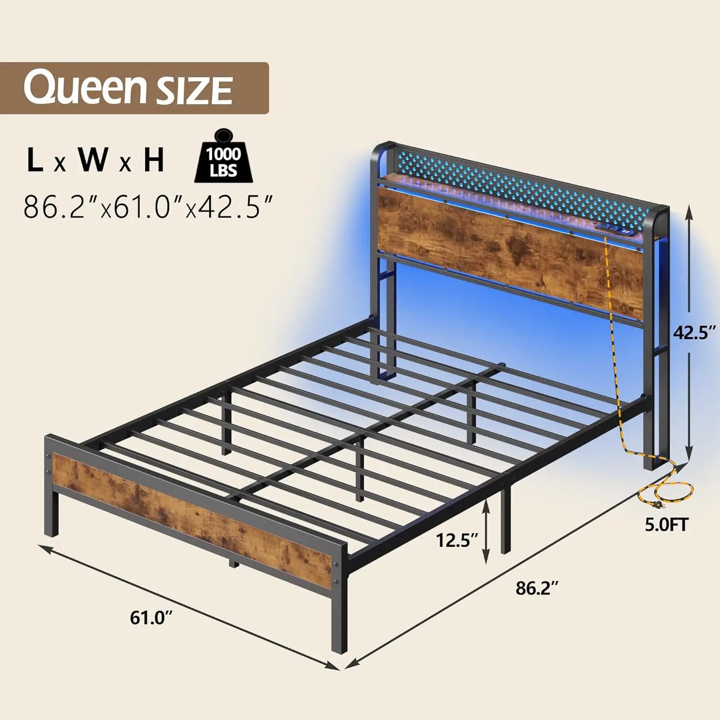 Queen Bed Frame with Headboard Storage, Bed Frame Queen Size with Charging Station and LED Lights No Box Spring, Customized