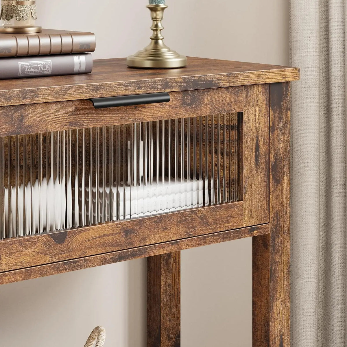 Narrow Console Table 2 Glass-Front Drawers 2-Tier Wood Sofa/Entryway Table with Open Storage Shelf for Living Room Hallway Foyer