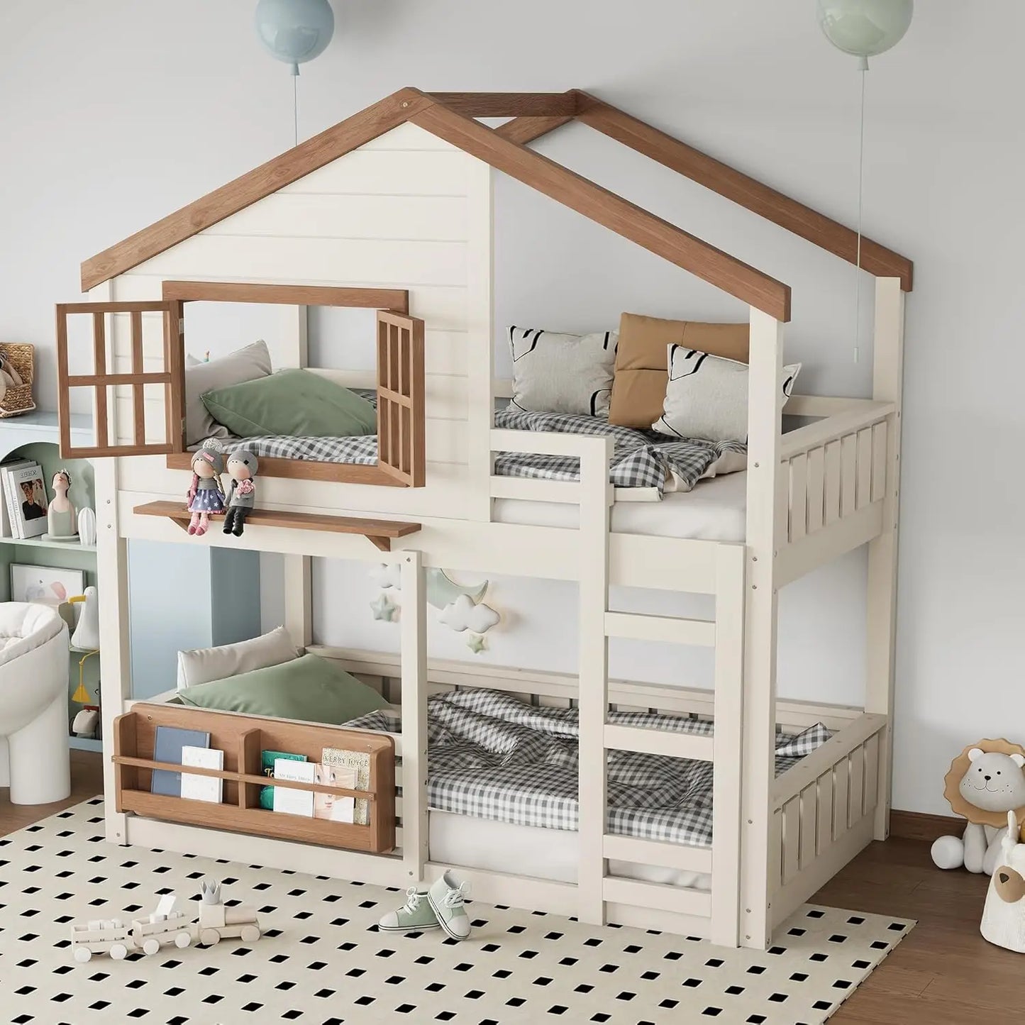 Twin Bunk Bed Window Roof Bookshelf Ladder Guardrail Solid Wood Playhouse Kids Bedroom, Custom