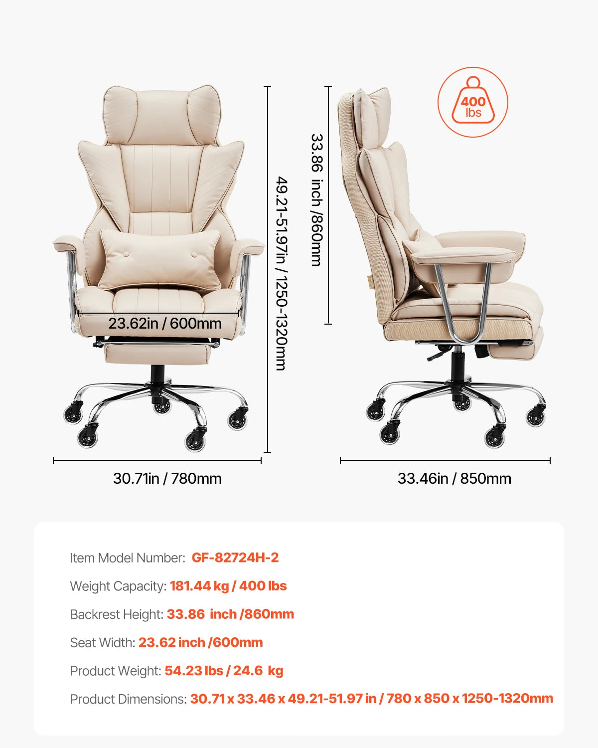 SucceBuy Executive Office Chair 300/400lb Capacity Chair Height Adjustable Ergonomic PU Leather Reclining Home Office Chair
