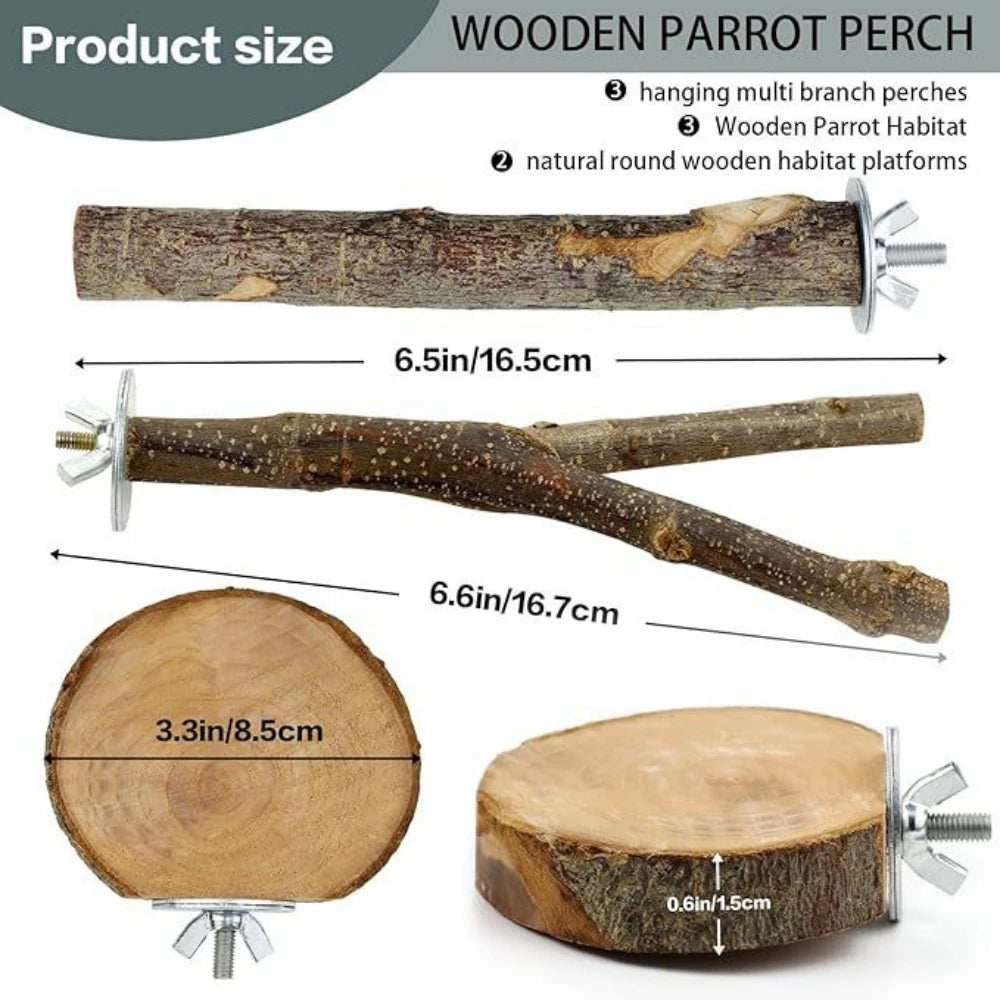 8Pcs Natural Wood Parrot Perch Set Bird Standing Stick Platform Cage Accessory Bird Supplies