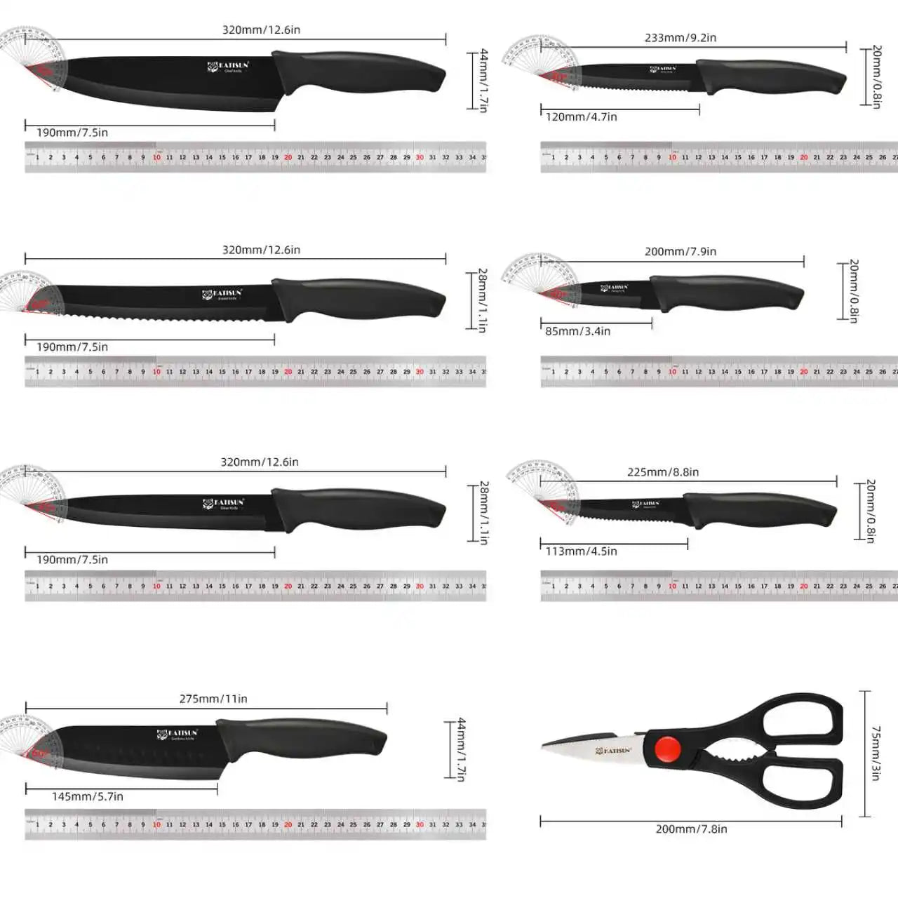Katisun 19 Pieces Carbon Steel Kitchen Knife Set with Block Built-in Sharpener Meat Fork Professional Chef Home Cooking