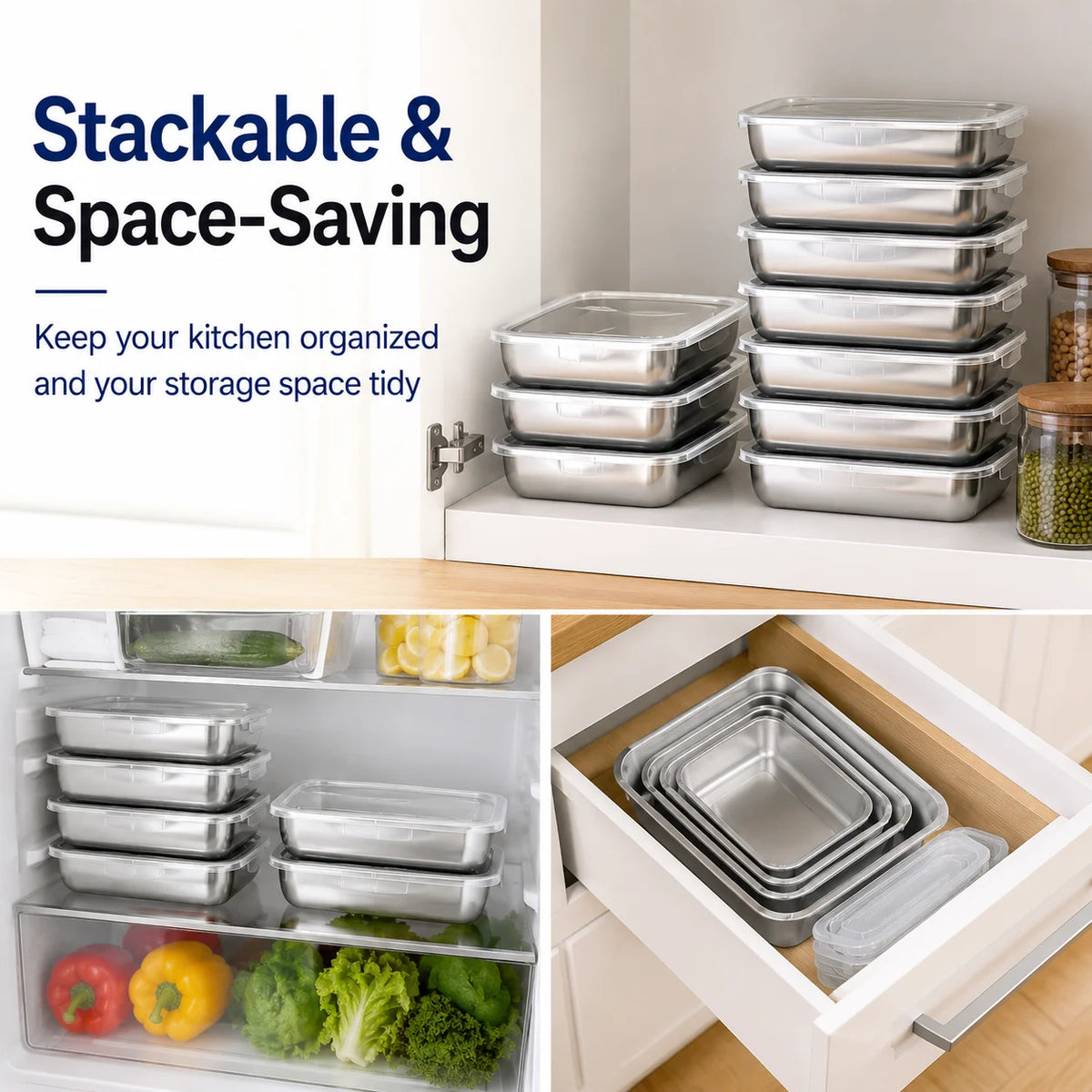 9 Pack Stackable Stainless Steel Food Storage Containers with Lids, Freezer Safe Rectangular Metal Trays for Meat, Leftovers & Kitchen Fridge Storage