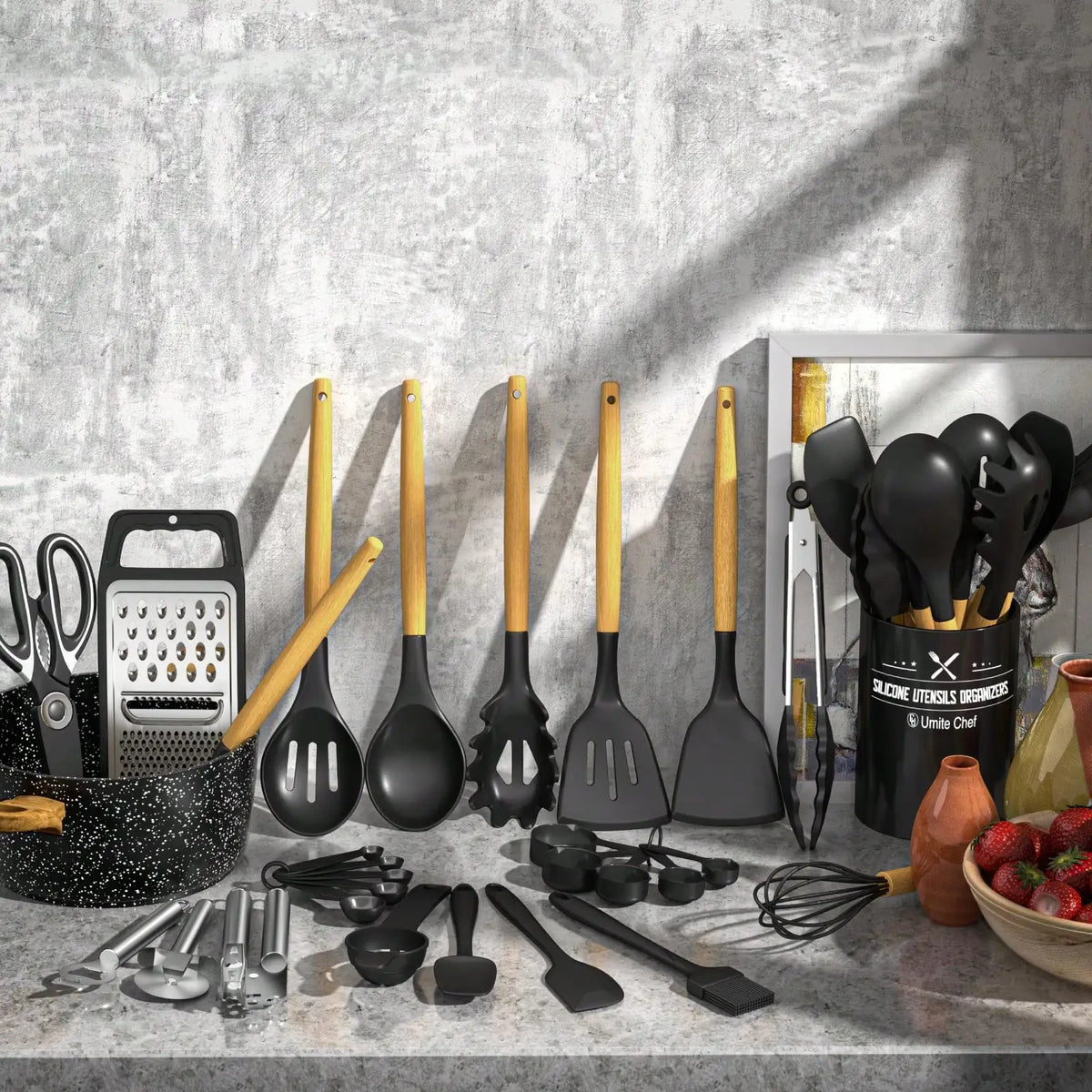 Silicone Kitchen Utensils Set Modern Cooking Utensil Set 34 PCS Black Heat Resistant Silicone Wooden Handles With Holder Nonstick Cooking Spatula Set For Cooking Baking Kitchen Gadgets Tools Set Housewarming Gift