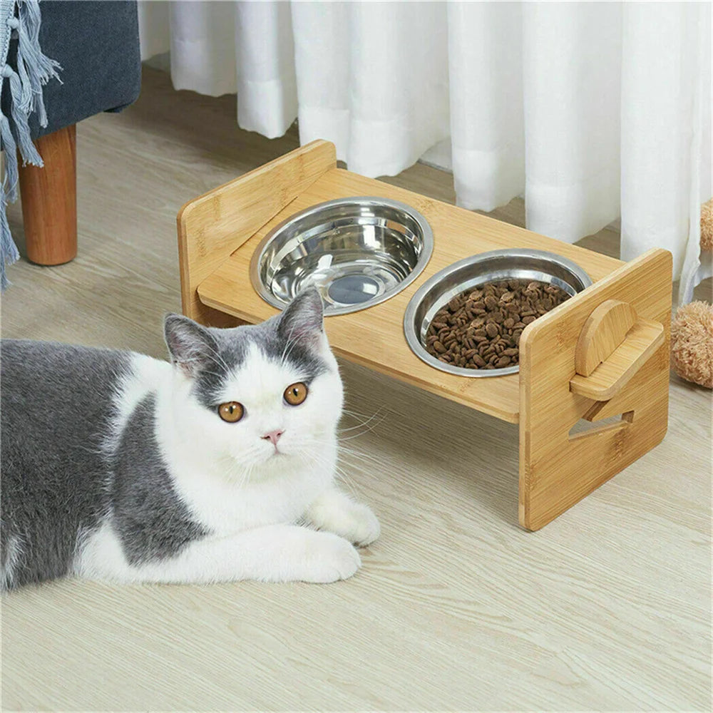 Elevated Dog Bowls with Stand Raised Dog Bowls 4 Heights Adjustable Dog Bowls Bamboo Dog Feeding Station 2 Stainless Steel Bowls