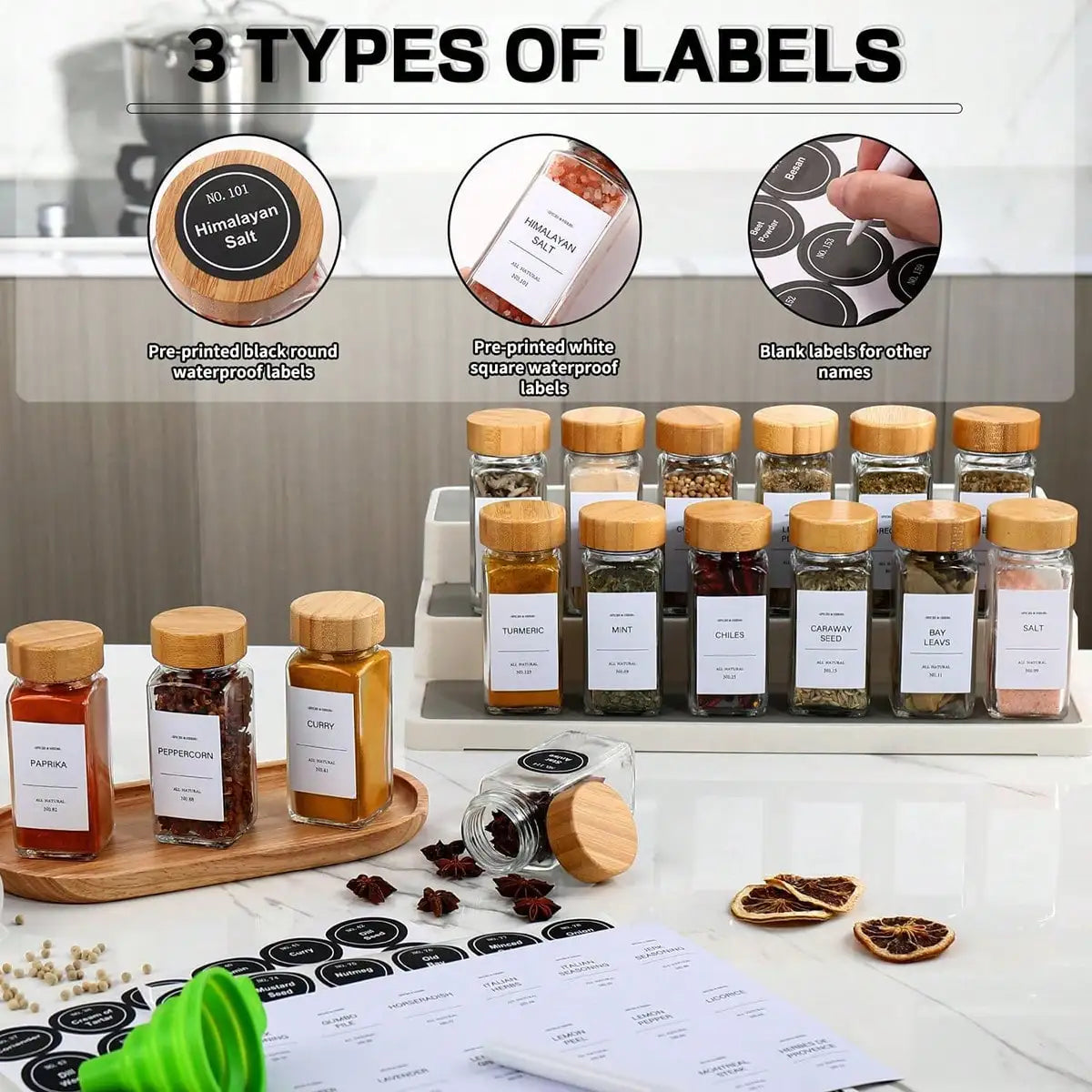Glass Spice Jars With Bamboo Lids Modern Farmhouse 4oz Square Glass Spice Bottles 36 Pack Spice Container Set With Shaker Lids Preprinted Labels Silicone Funnel For Kitchen Cabinet Pantry Drawer Spice Rack Housewarming Gift