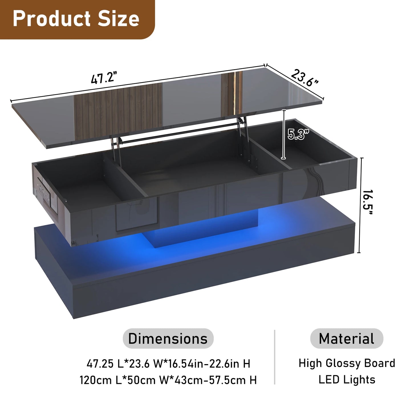 High Glossy LED Coffee Tables for Living Room, Center Table with Open Display Shelf & Large Storage Space, White Coffee Table