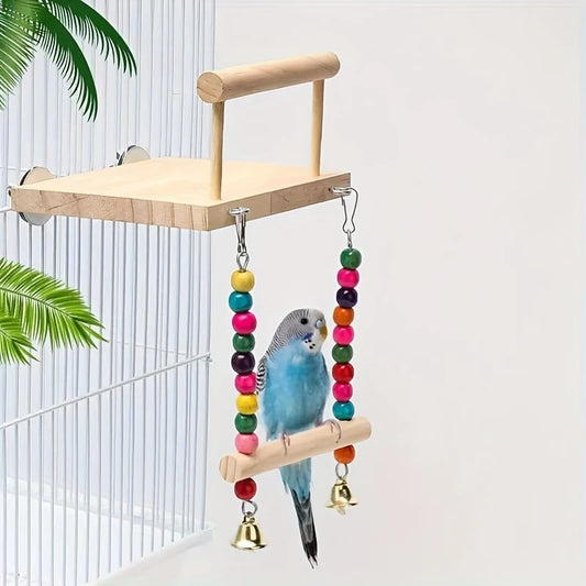 Wooden Bird Perch Platform Stand Parrot Swing Toys Bird Hanging Swing Playstand with Chewing Beads Bird Toys