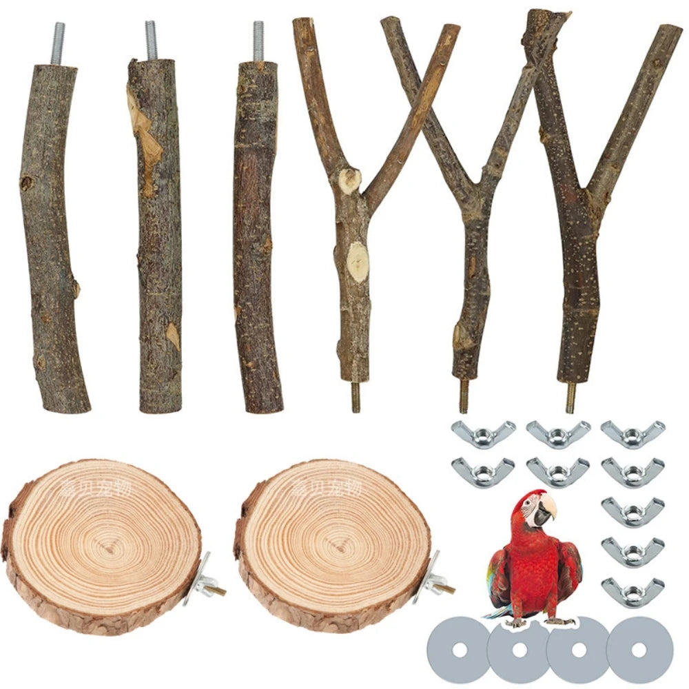 8Pcs Natural Wood Parrot Perch Set Bird Standing Stick Platform Cage Accessory Bird Supplies