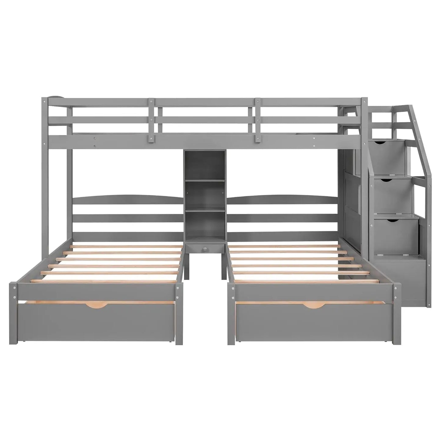 Triple Twin Bunk Bed Frame with Drawers Staircase Storage Shelves Solid Wood Sturdy Support Bedroom, Custom