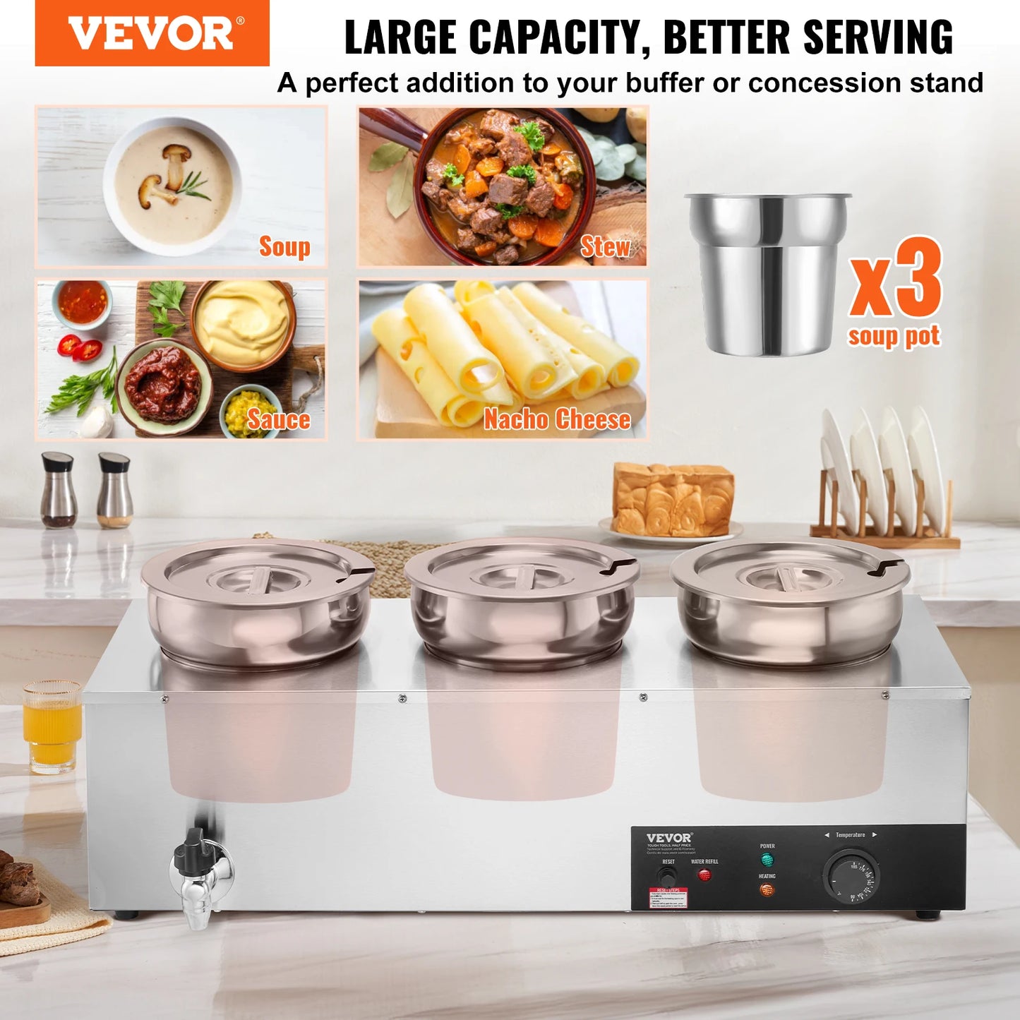 SucceBuy 3 4 5 7.4QT Electric Soup Warmer Large Size Commercial Stainless Steel Round Pot Adjustable Temp for Restaurant Buffet