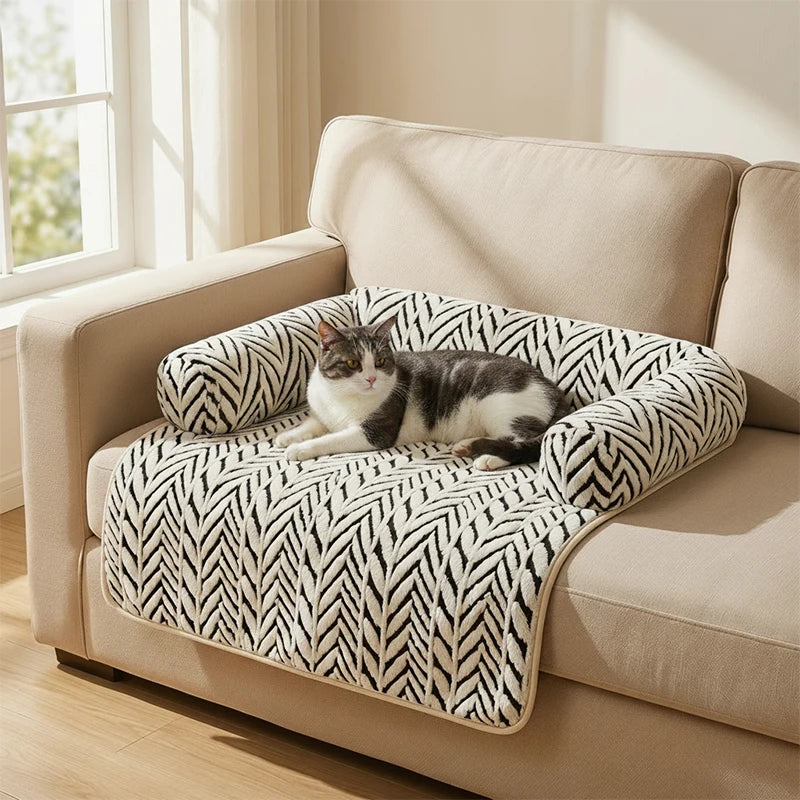 Pet Sofa Bed Mat with Side Bolsters Soft Fluffy Couch Protector Mat Anti-slip Dog Cat Bed Sleeping Cushion for Small Medium Pets