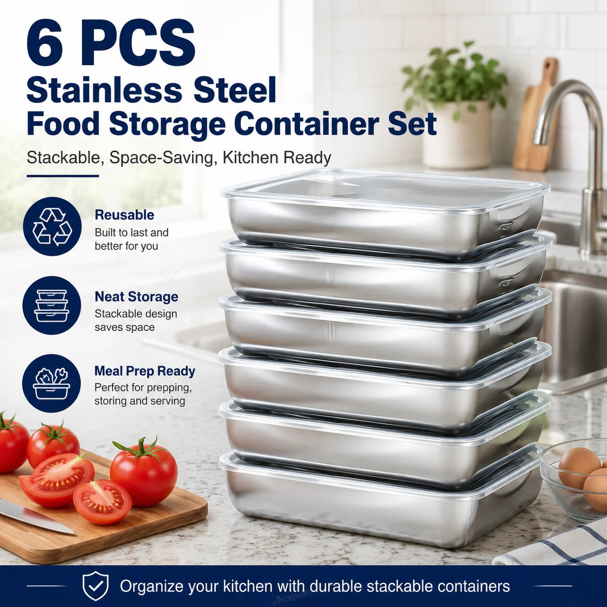 9 Pack Stackable Stainless Steel Food Storage Containers with Lids, Freezer Safe Rectangular Metal Trays for Meat, Leftovers & Kitchen Fridge Storage