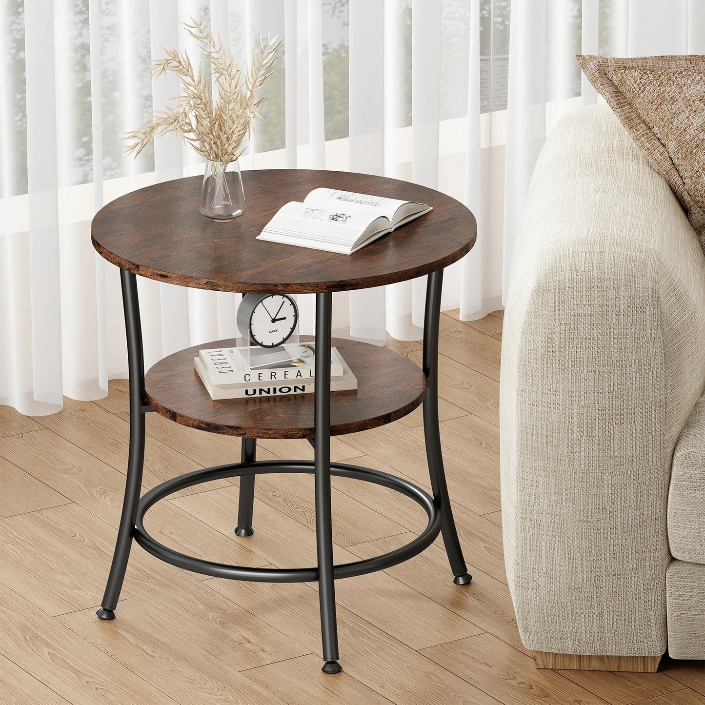 JHK 21.85 Inch Round Coffee Tables End Table 2-Tier Side Round Table for Living Room Accent Table with Storage Shelf Sturdy Metal Frame Nightstand for Small Space Round Bedside