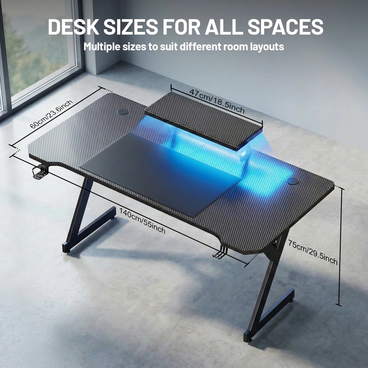 FRODROVIA Ergonomic Gaming Desk with Elevated Monitor Riser Stand & Built-in LED Light Strip, Large Curved Carbon Fiber Surface Computer Desk, Gaming Workstation with Cup Holder & Headphone Hook for Gaming Streaming Home Offi