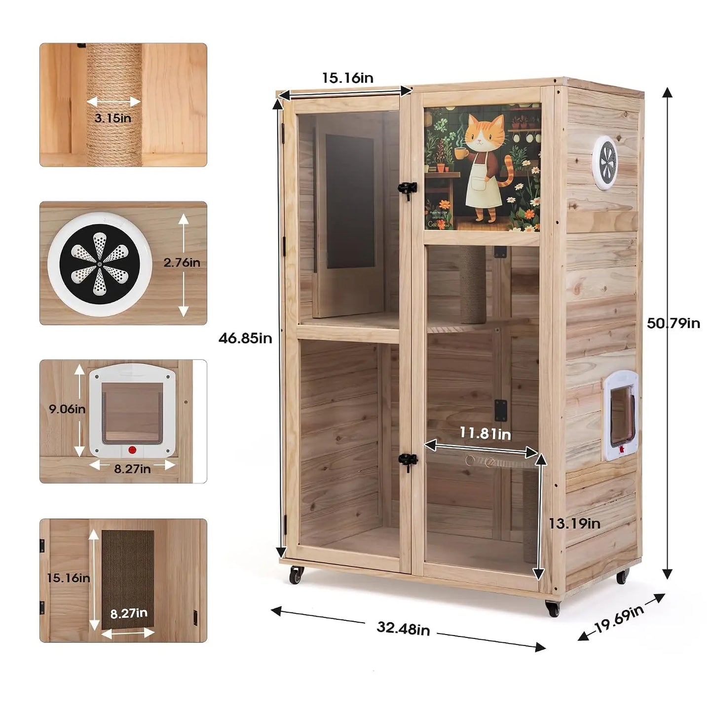 Large Wooden Cat House on Wheels, Indoor Cat Villa with Condo, Multi Platforms, Scratchers, Vent, Litter Box Area,, Custom