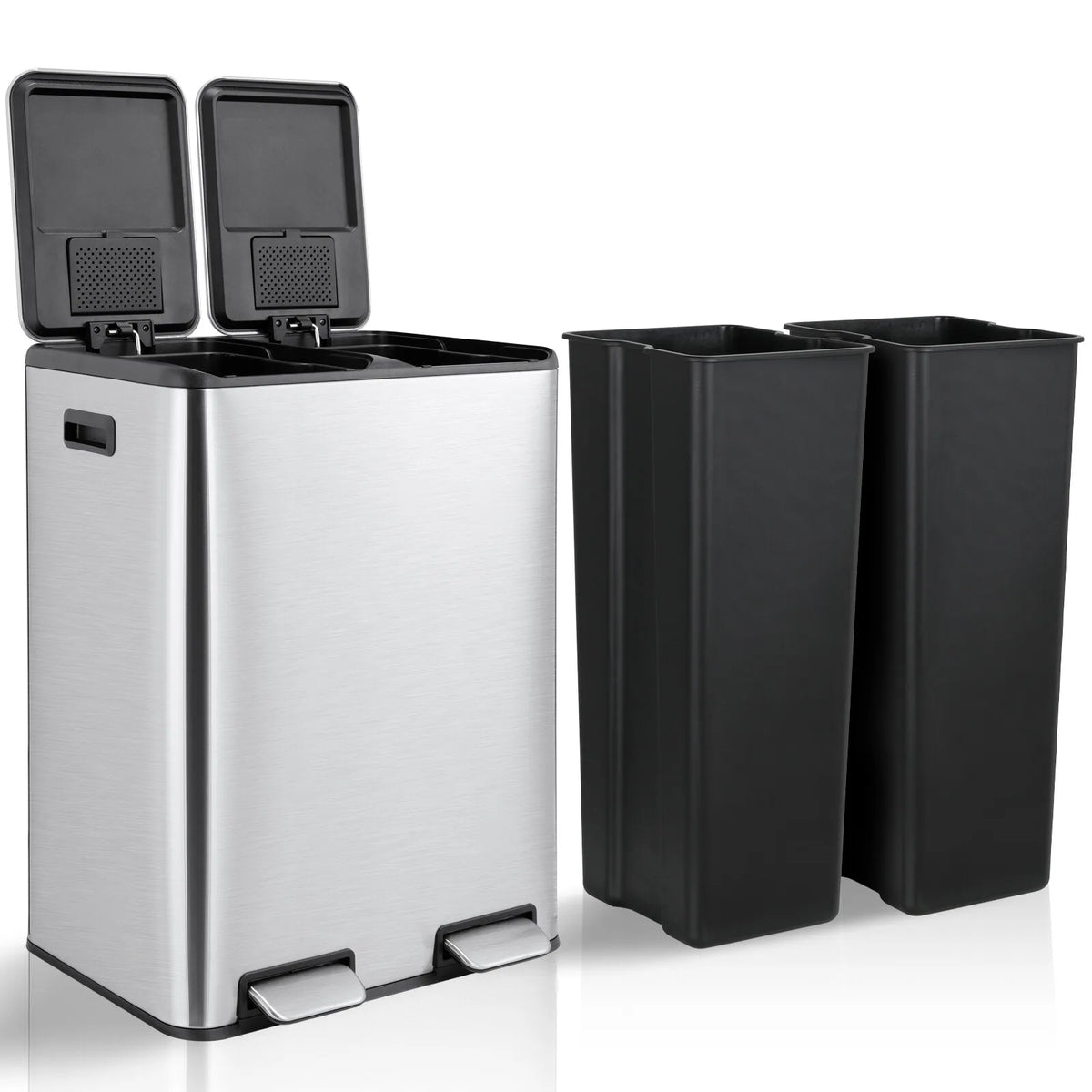 60L/16 Gal Dual Trash Can Stainless Steel Step Garbage Can w/Built-in Filter Box Kitchen Garbage Bin Recycle Waste Dustbin