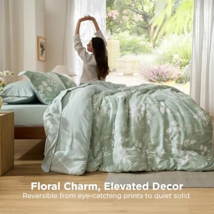 Comforter Set - 7 Pieces Floral Sage Green GentleSoft™ Bedding Sets Bed in a Bag with Botanical Flowers Winter Comforter Sheets