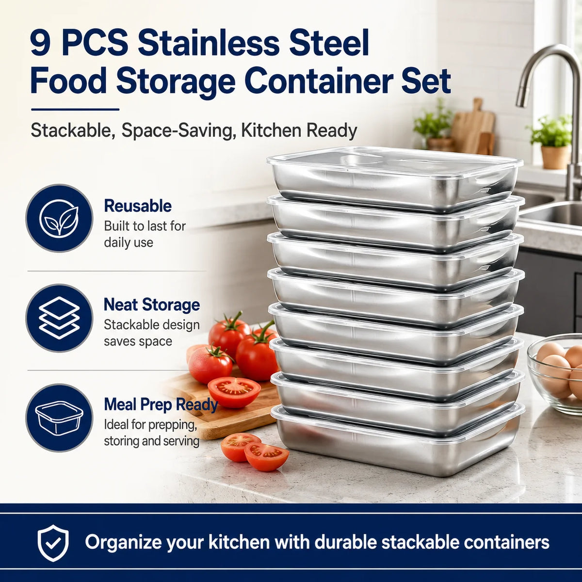 9 Pack Stackable Stainless Steel Food Storage Containers with Lids, Freezer Safe Rectangular Metal Trays for Meat, Leftovers & Kitchen Fridge Storage