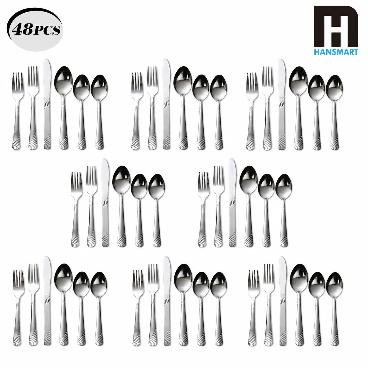 HANSMART 48Pcs Stainless Steel Cutlery Set, Service for 8, Knives Forks Spoons, Kitchen Dinner Gift