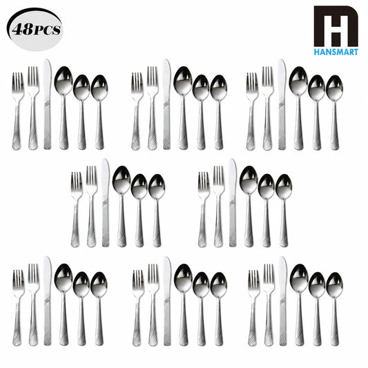 HANSMART 48Pcs Stainless Steel Cutlery Set, Service for 8, Knives Forks Spoons, Kitchen Dinner Gift