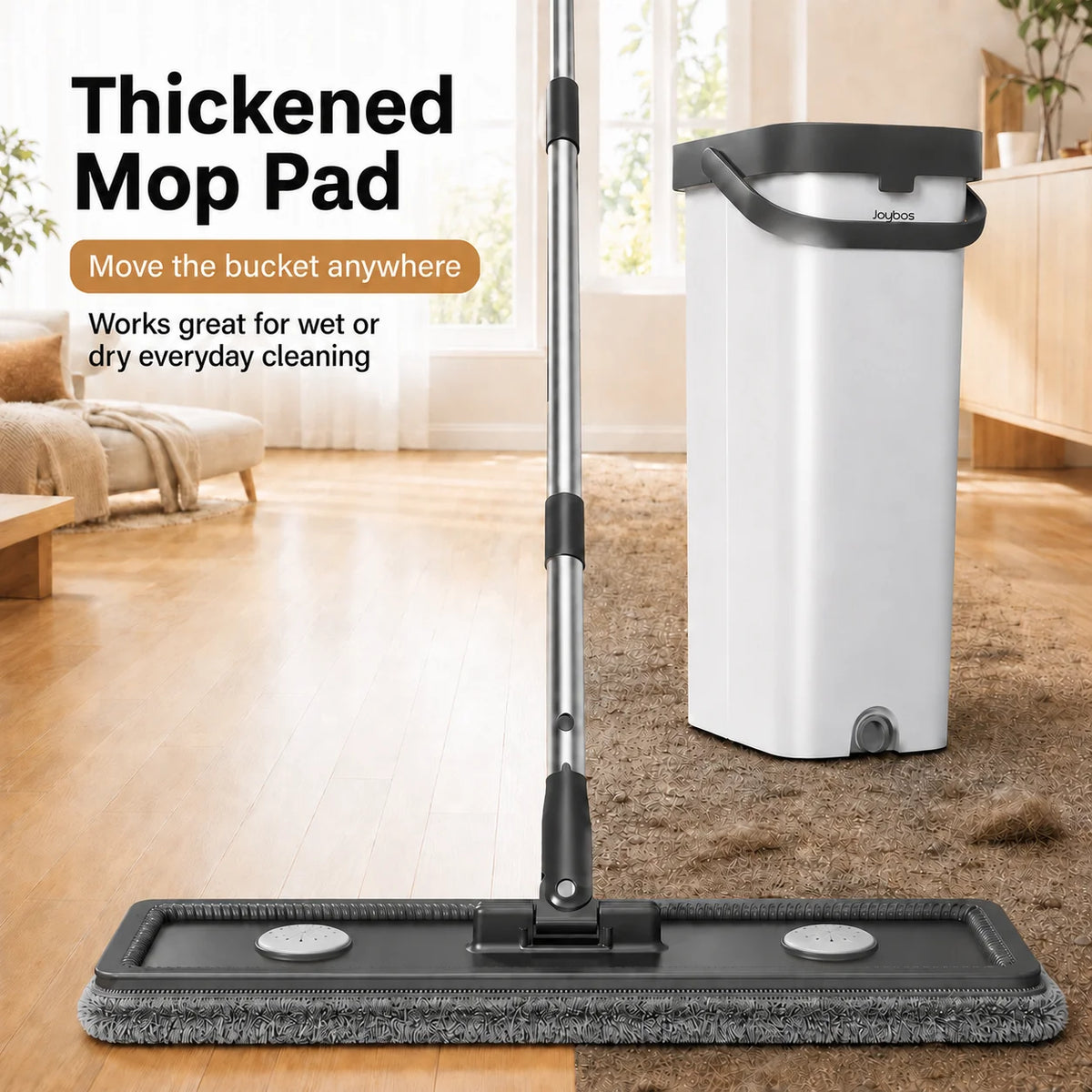 Joybos Flat Mop And Bucket Set With Hands-Free Wringer, 13-Inch Wash & Dry Dual-Chamber Floor Cleaning System, 360° Rotating Swivel Head For Hardwood/Tile, Includes 2 Coral Fleece Pads