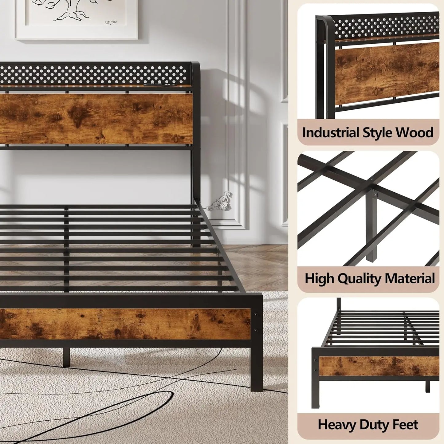Queen Bed Frame with Headboard Storage, Bed Frame Queen Size with Charging Station and LED Lights No Box Spring, Customized