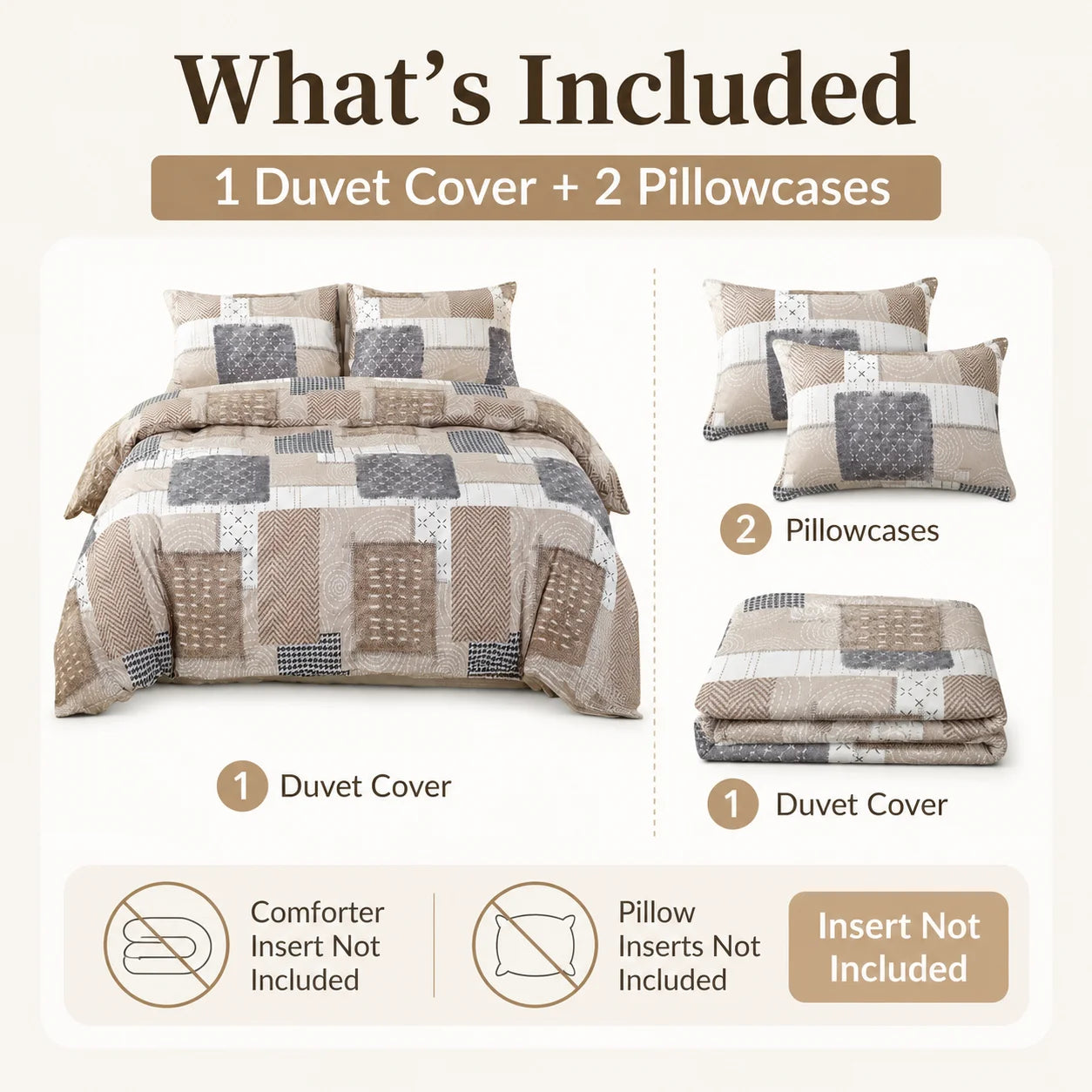 Boho Patchwork Duvet Cover Set, Beige Grey Geometric Bedding Set, Farmhouse Soft Bed Cover with Pillowcases, Twin Full Queen King Breathable and Ultra-Soft, Suitable for All Seasons, Includes 1 Duvet Cover and 1-2 Pillowcases