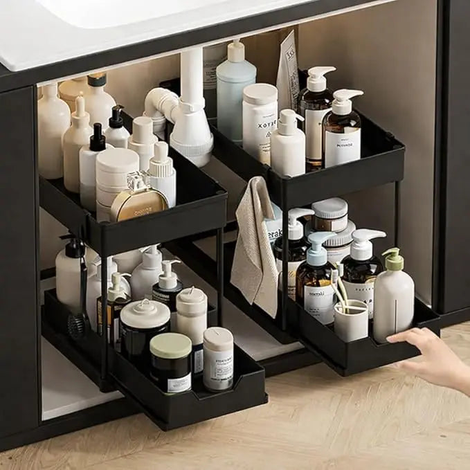 Sliding Under Sink Organizer with 5 Side Hooks and 3 Detachable Hanging Baskets,Pull Out Rustproof Metal Storage Rack,Tool Free Assembly,Multi Scene Space Saving Shelf for Kitchen,Bathroom,Laundry Room,Pantry,Apartment,Dorm,R