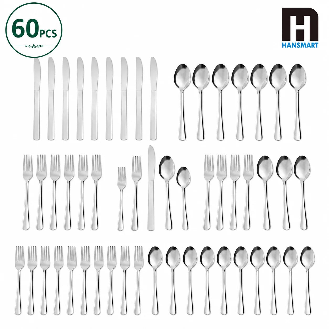 HANSMART 60Pcs Stainless Steel Flatware Set Service for 12 Vertical Ribbed Handle Silverware Cutlery Set Dinner Fork Salad Fork Spoon Knife Kitchen Tableware Dishwasher Safe Home Wedding Gift