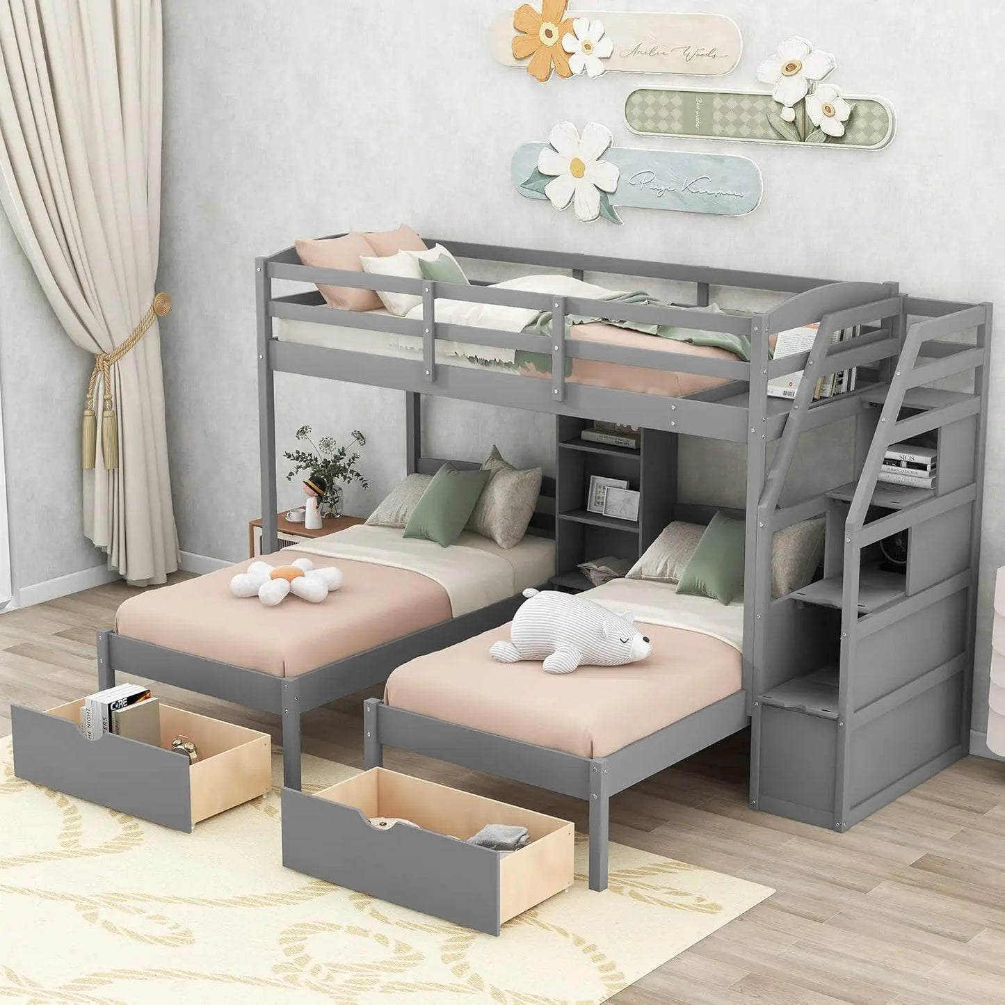 Triple Twin Bunk Bed Frame with Drawers Staircase Storage Shelves Solid Wood Sturdy Support Bedroom, Custom