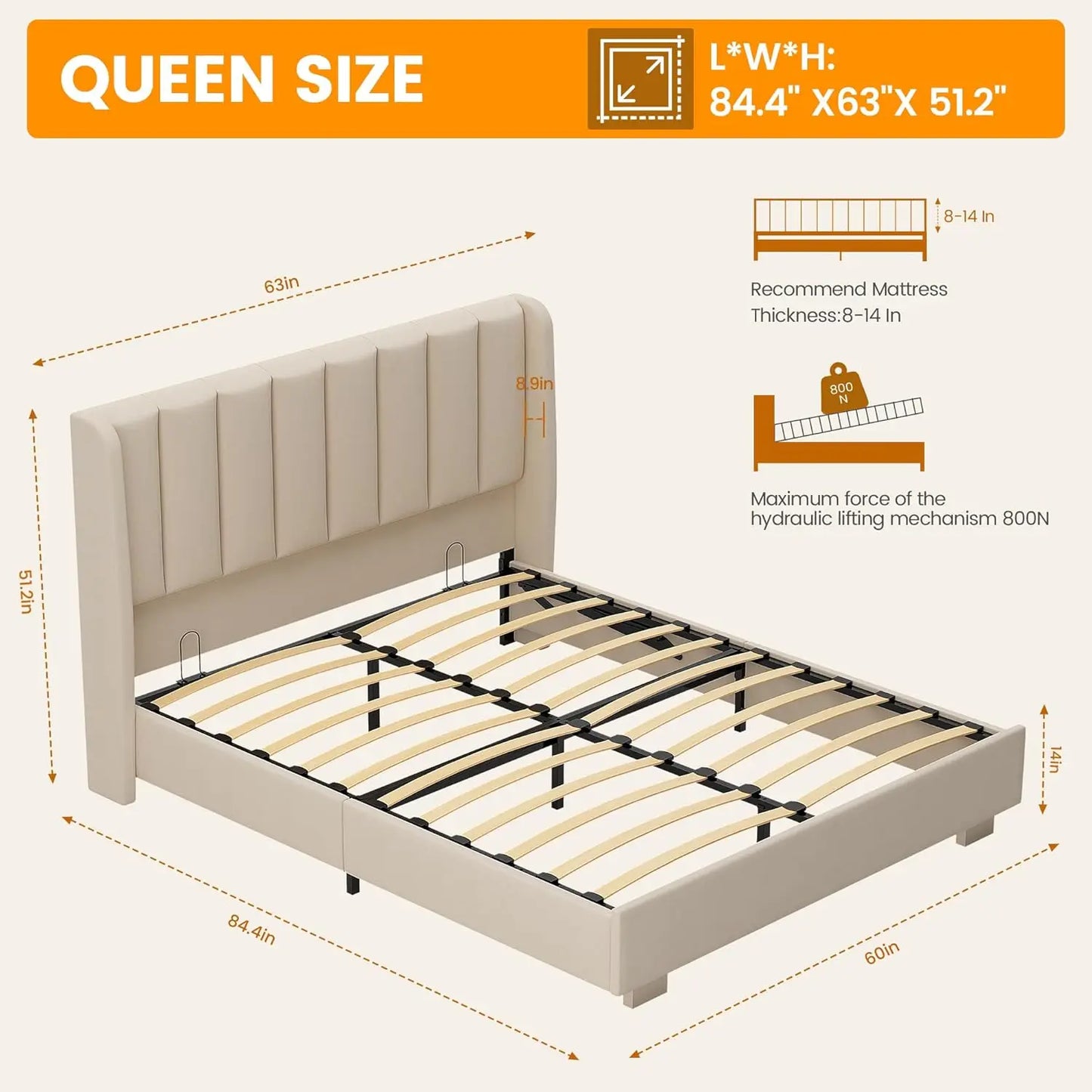 Lift Up Storage Bed Frame with 51" Tall Headboard, Queen Size Bed Frame with Storage Underneath, Velvet Wingback, Customized