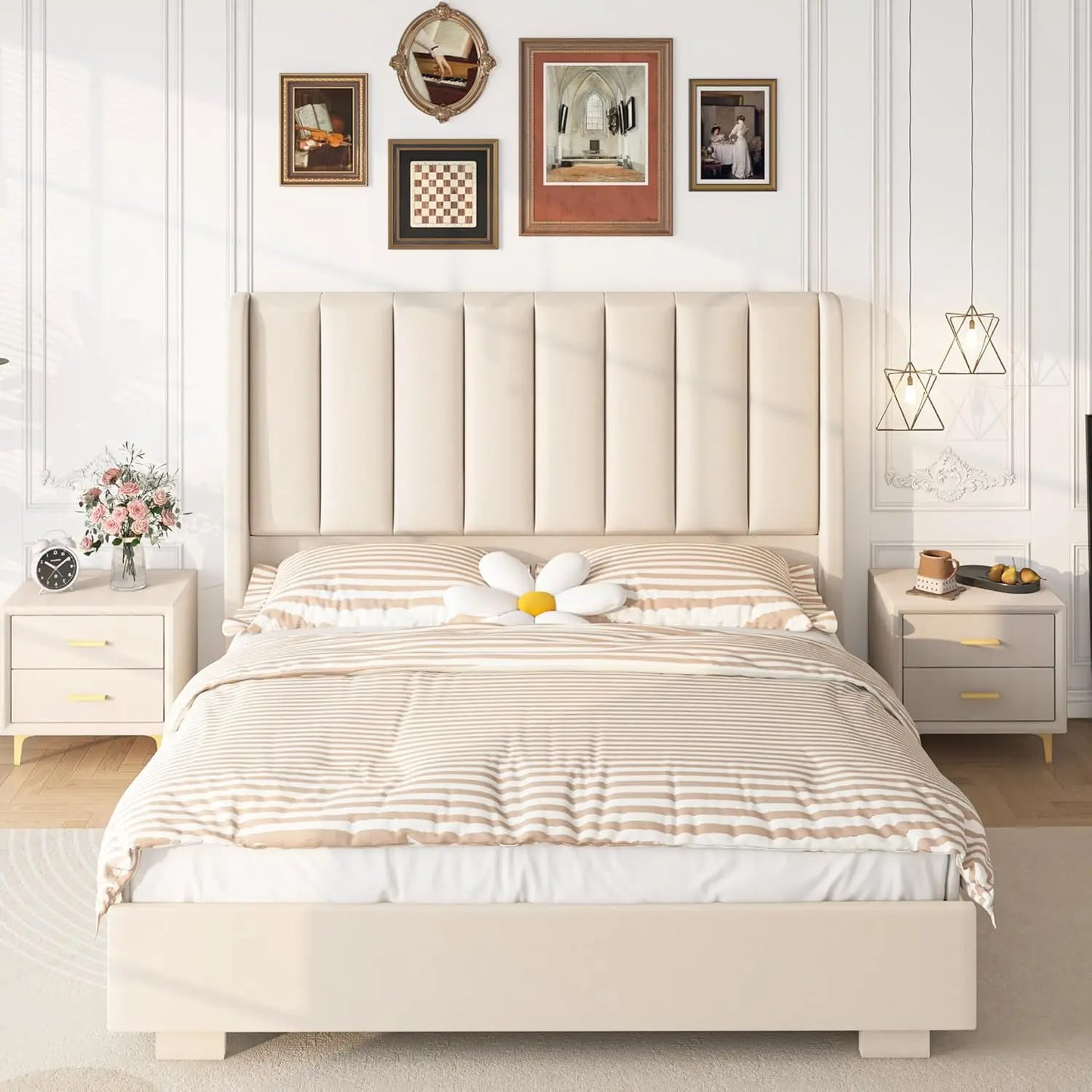 Lift Up Storage Bed Frame with 51" Tall Headboard, Queen Size Bed Frame with Storage Underneath, Velvet Wingback, Customized
