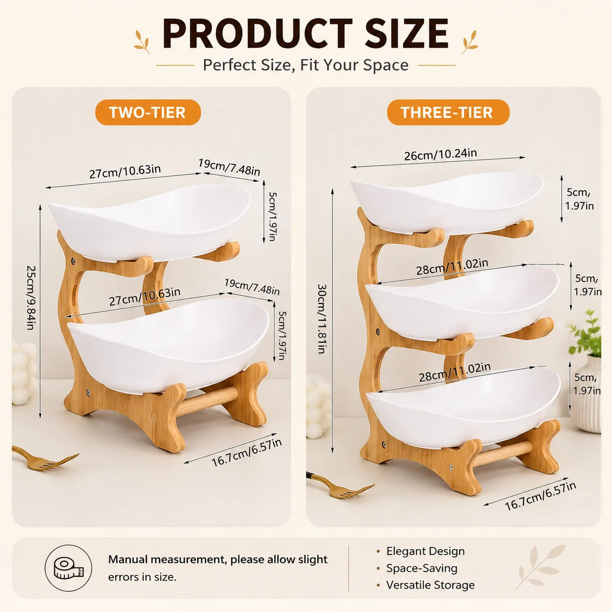 2/3-Tier Fruit Bowl with Stand, Plastic Fruit Basket with Bamboo Frame for Kitchen Countertop, Large Capacity Fruit Display Stand for Fruit, Snacks, Candy, Bread & Party, Gold Fork Included