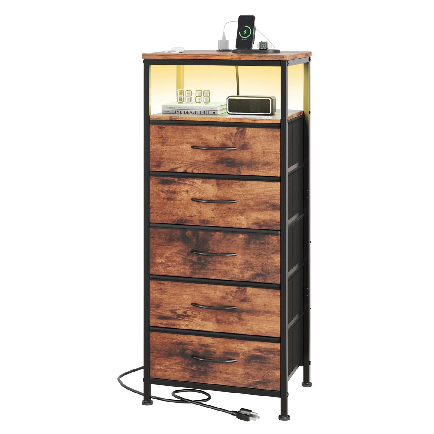 JHK 5-Drawer Cabinet with Charging Station Bedside Table with USB Ports Type-C Bedroom Night Stand with Fabric Drawers and Open Shelf Tall Narrow End Table for Small Bedroom