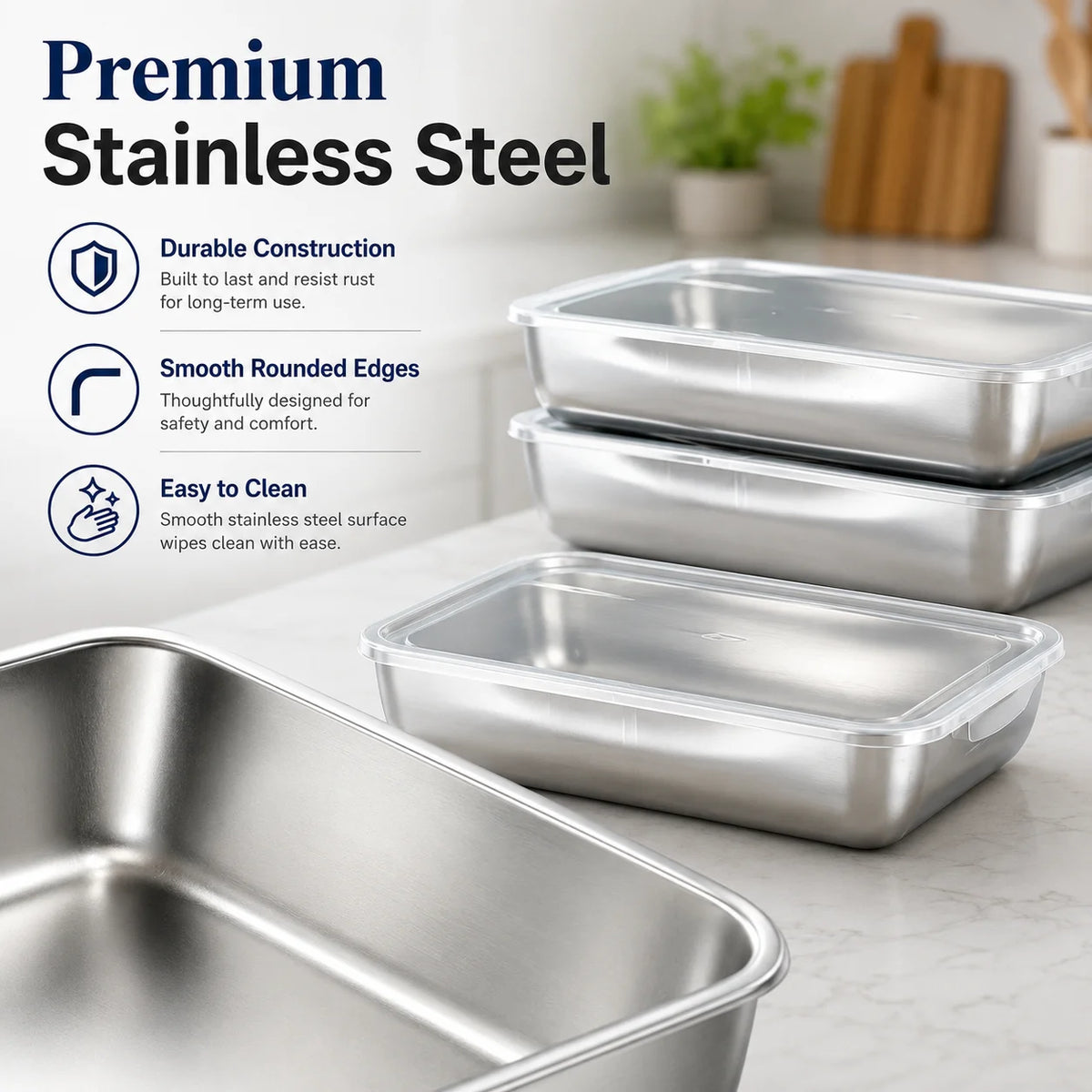 9 Pack Stackable Stainless Steel Food Storage Containers with Lids, Freezer Safe Rectangular Metal Trays for Meat, Leftovers & Kitchen Fridge Storage